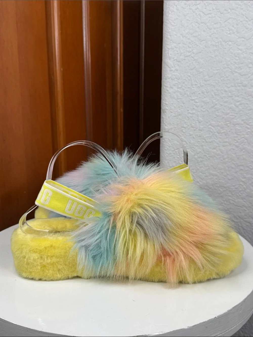 UGG FLUFF YEAH  MARGARITA TIE DYE SHEEPSKIN PLATFORM SLIPPER SLIDES SIZE 10